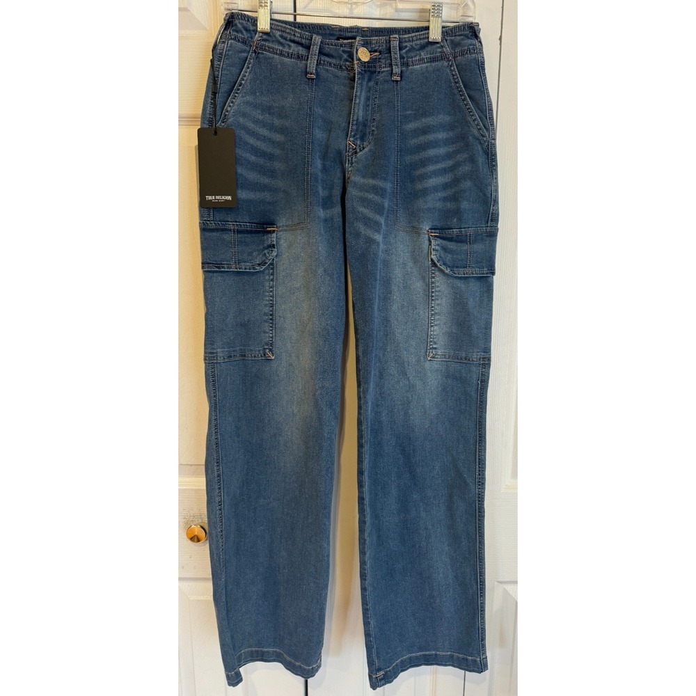 New True Religion Cargo SN Straight Denim Jeans Women's Sz 27 Medium Tide Wash